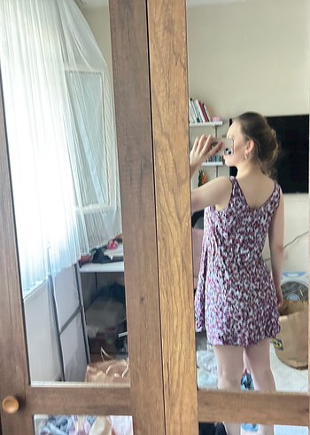 Pembe Bağlama Desenli Transparan Midi Elbise - Görsel 5