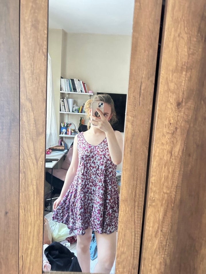 Pembe Bağlama Desenli Transparan Midi Elbise - Görsel 4