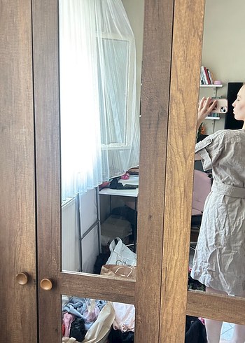 Bej Keten Midi Elbise, Kısa Kollu, Düğmeli - Görsel 4