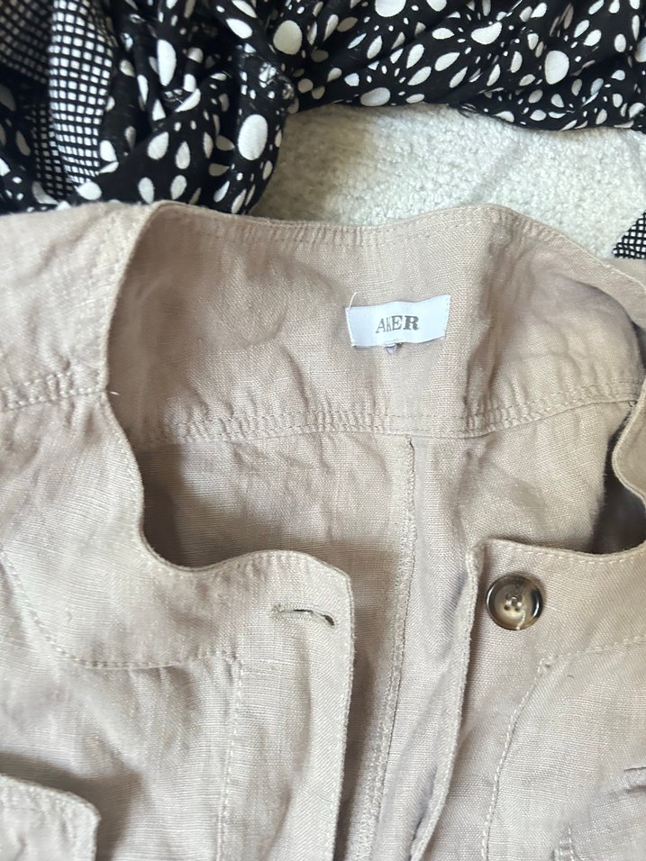 Bej Keten Midi Elbise, Kısa Kollu, Düğmeli - Görsel 3