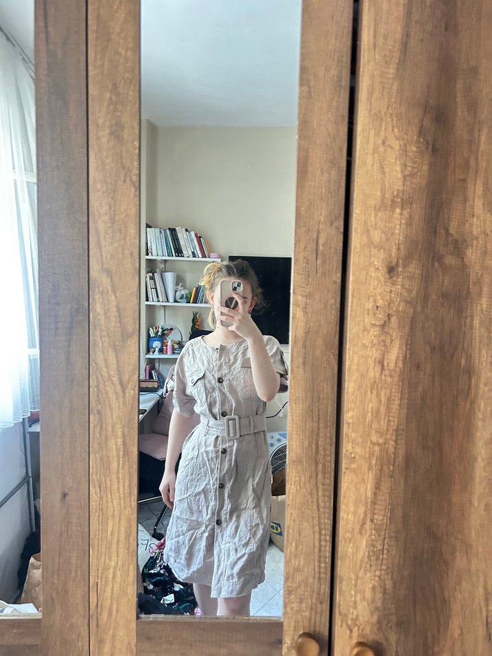 Bej Keten Midi Elbise, Kısa Kollu, Düğmeli - Görsel 5