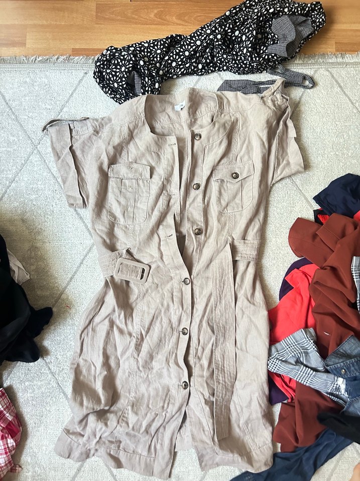 Bej Keten Midi Elbise, Kısa Kollu, Düğmeli - Görsel 2