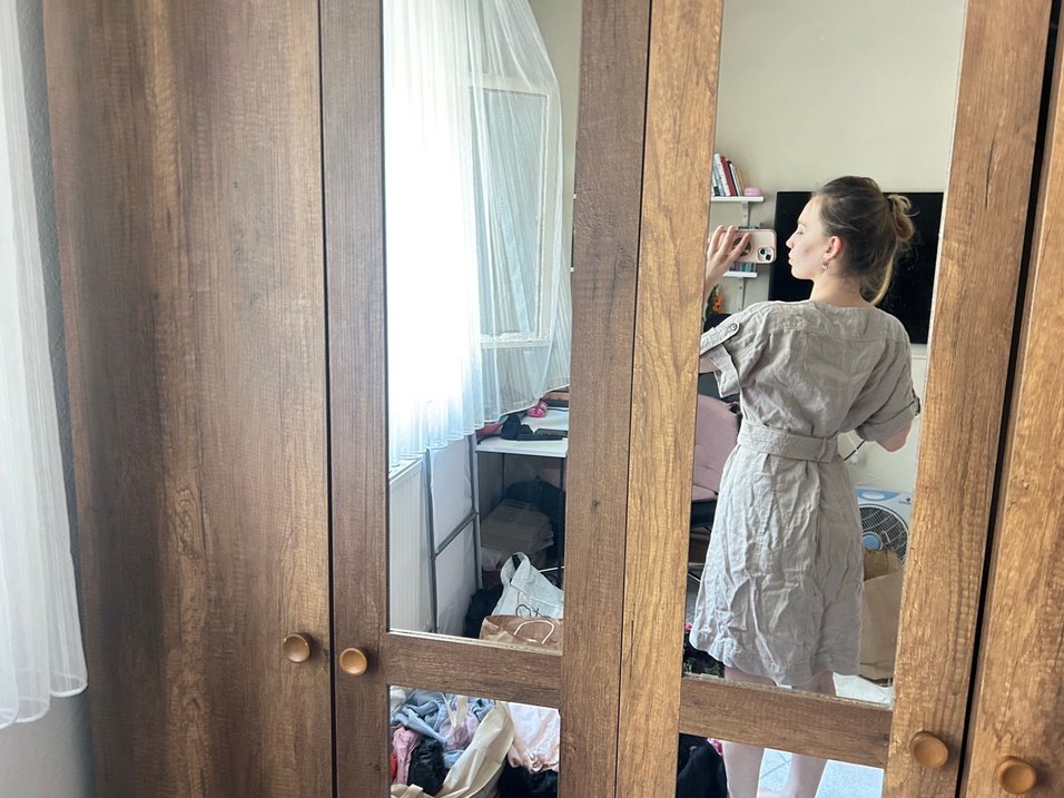 Bej Keten Midi Elbise, Kısa Kollu, Düğmeli - Görsel 4