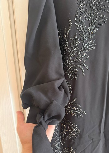 Boncuk İşlemeli Siyah Uzun Abiye Elbise - Görsel 5