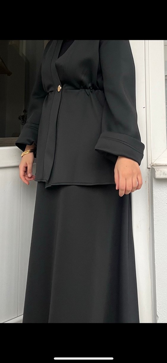 Düğmeli Siyah Kadın Uzun Takım Elbise scuba - Görsel 2