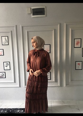 Drapeli Uzun Kahverengi Kadın Elbise - Görsel 2