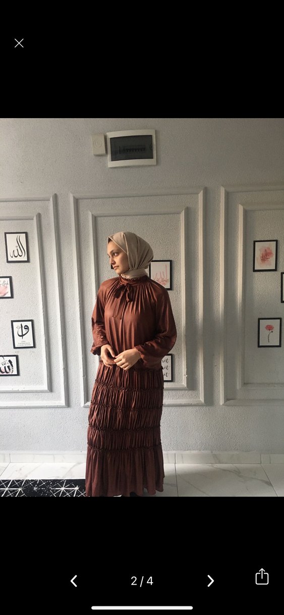 Drapeli Uzun Kahverengi Kadın Elbise - Görsel 2