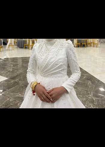 İnci Detaylı Beyaz Uzun Kollu Gelinlik - Görsel 2