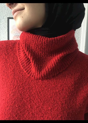 Kırmızı Yüksek Yakalı Triko Uzun Elbise - Görsel 2