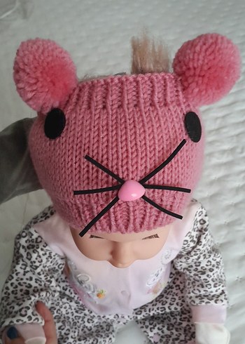 Pembe Örgü Çocuk Bere - Kedi Tasarımlı - Görsel 4