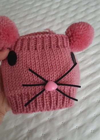 Pembe Örgü Çocuk Bere - Kedi Tasarımlı - Görsel 3