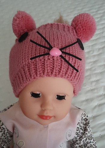 Pembe Örgü Çocuk Bere - Kedi Tasarımlı - Görsel 6