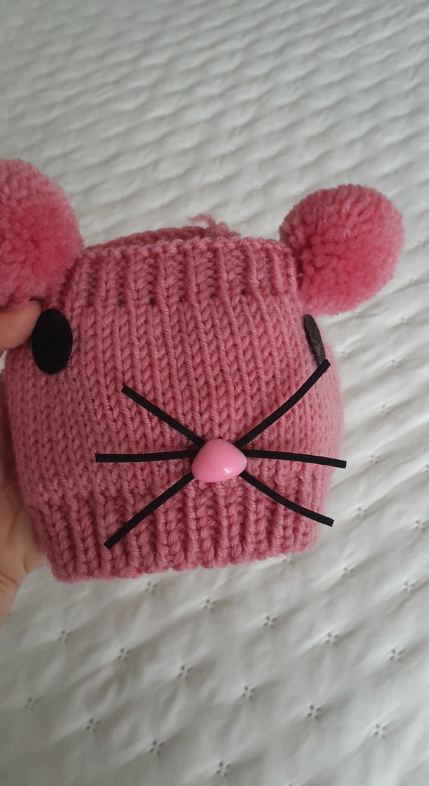 Pembe Örgü Çocuk Bere - Kedi Tasarımlı - Görsel 3