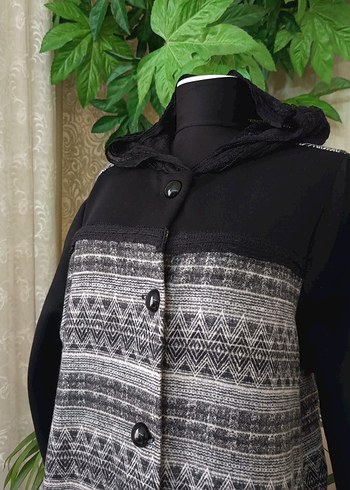 Düğmeli Gri Kadın Uzun Desenli Kaban - Görsel 3