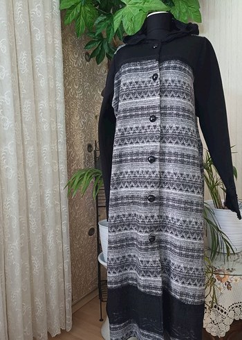 Düğmeli Gri Kadın Uzun Desenli Kaban - Görsel 2