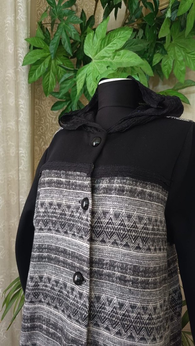 Düğmeli Gri Kadın Uzun Desenli Kaban - Görsel 3