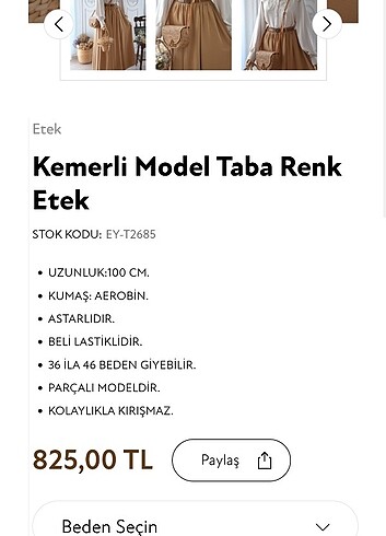 Eminos butik kemerli model taba etek