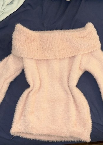 Kadın Pembe Peluş Kayık Yaka Kazak