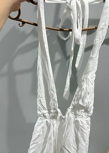 Beyaz Keten Halter Yaka Tulum - Görsel 3