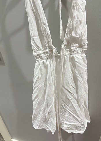 Beyaz Keten Halter Yaka Tulum - Görsel 4