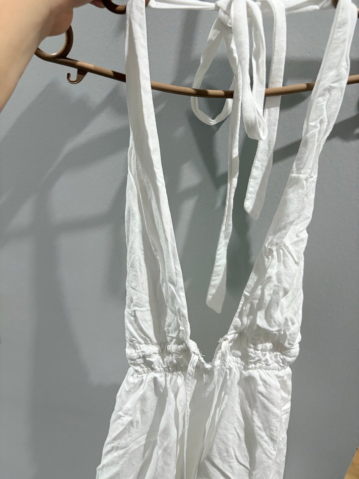 Beyaz Keten Halter Yaka Tulum - Görsel 3