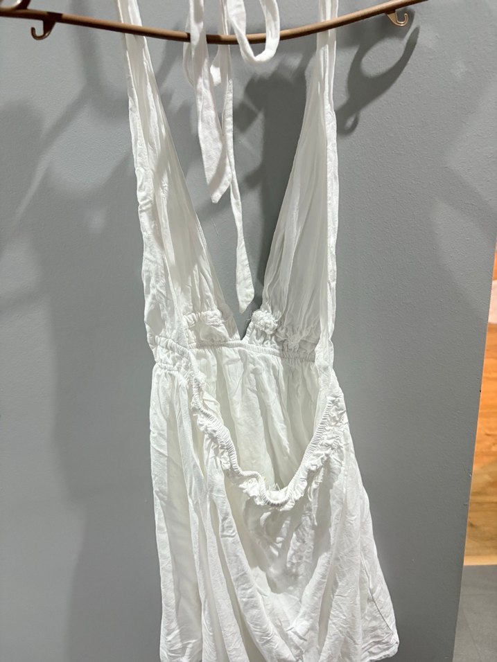 Beyaz Keten Halter Yaka Tulum - Görsel 5