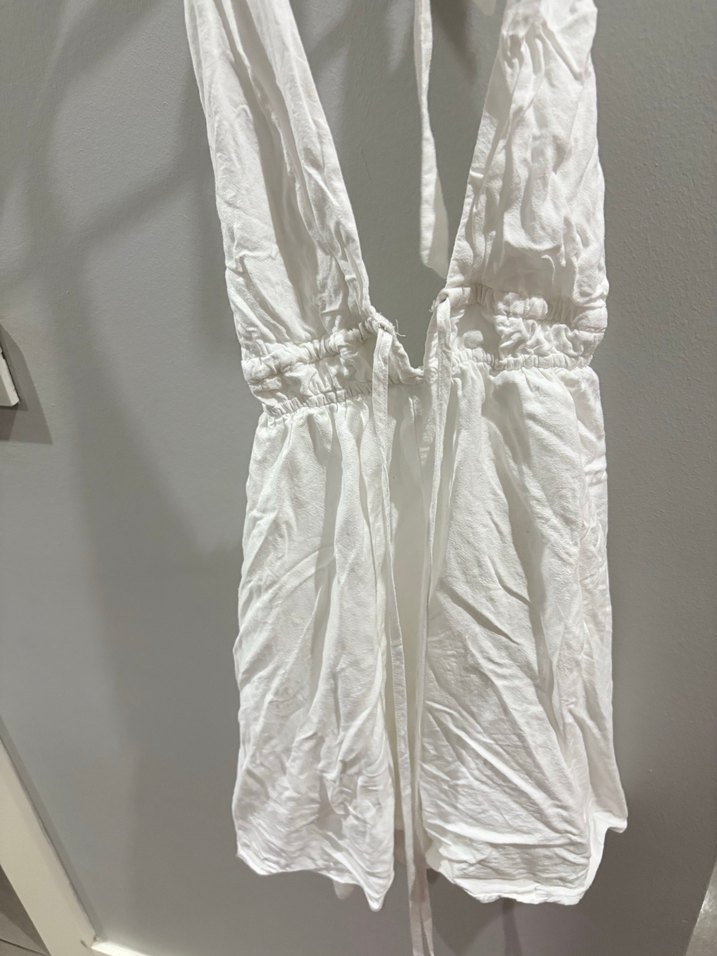 Beyaz Keten Halter Yaka Tulum - Görsel 4