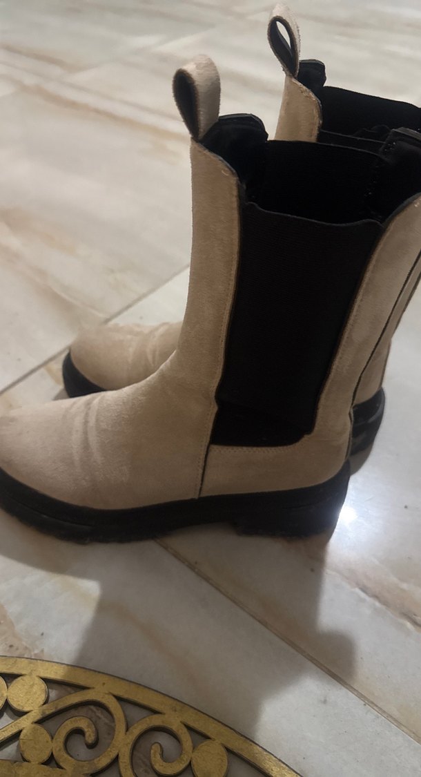 Bej Süet Kadın Botlar, Tokalı, Blok Topuklu - Görsel 3