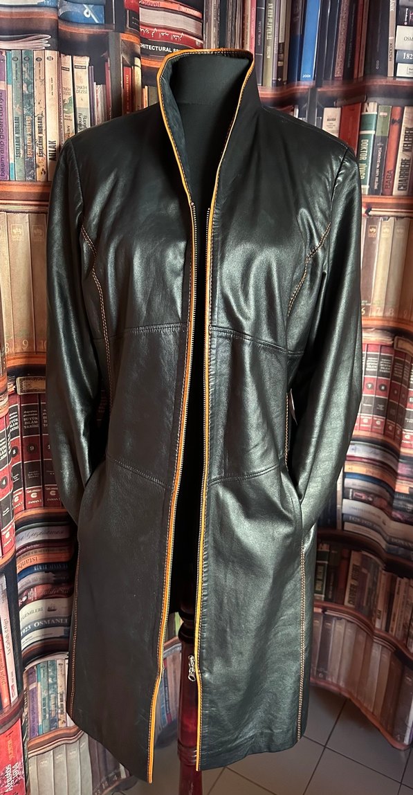 Siyah Uzun Deri Kadın Ceket - Görsel 2