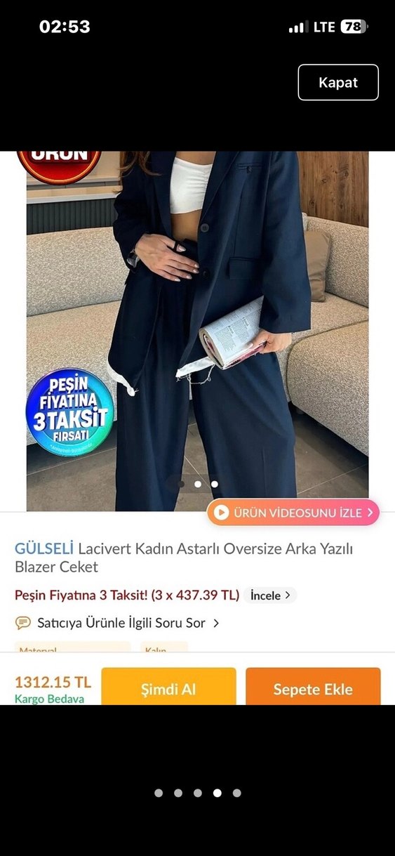 Düğmeli Mavi Kadın Blazer Ceket - Görsel 3
