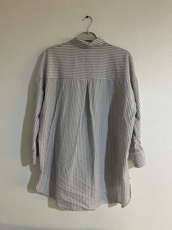 Gri Çizgili Kadın Pamuk Gömlek - Görsel 5