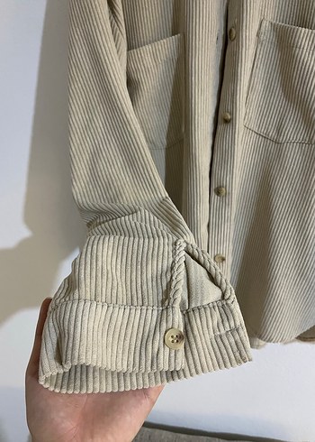 Bej Kadın Keten Düğmeli Uzun Kollu Gömlek - Görsel 4