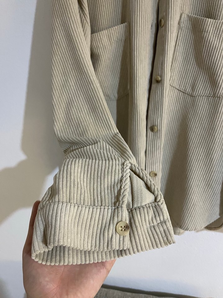 Bej Kadın Keten Düğmeli Uzun Kollu Gömlek - Görsel 4