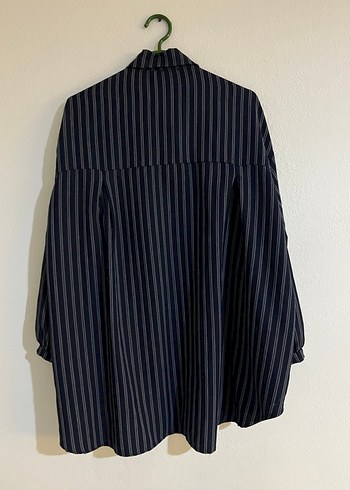 Lacivert Çizgili Kadın Keten Gömlek - Görsel 5