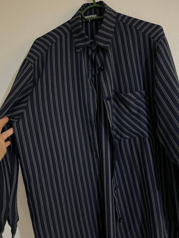 Lacivert Çizgili Kadın Keten Gömlek - Görsel 2