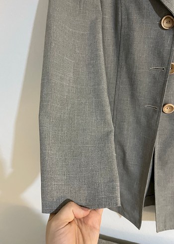 Düğmeli Bej Keten Kadın Blazer - Görsel 2