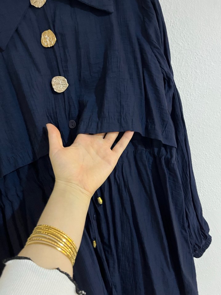 Lacivert Uzun Kollu Keten ikili takım - Görsel 4