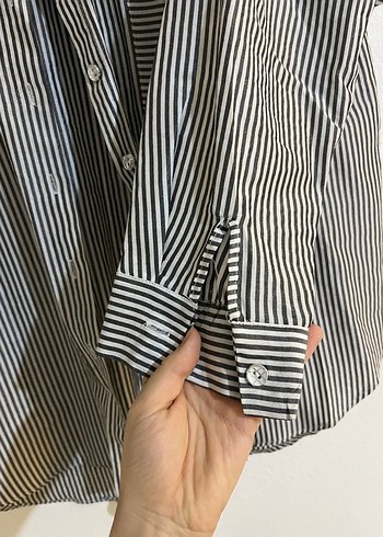 Gri Çizgili Uzun Kollu Keten Gömlek - Görsel 5