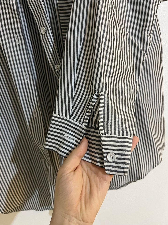 Gri Çizgili Uzun Kollu Keten Gömlek - Görsel 5