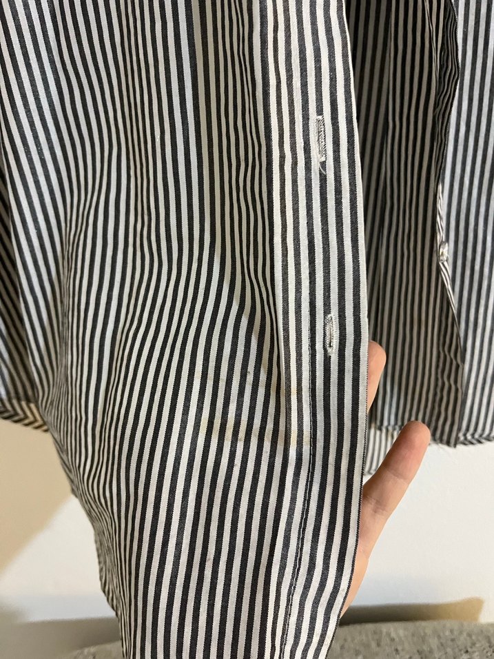 Gri Çizgili Uzun Kollu Keten Gömlek - Görsel 4