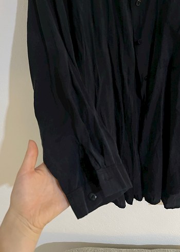 Düğmeli Siyah Keten Kadın Gömlek - Görsel 2