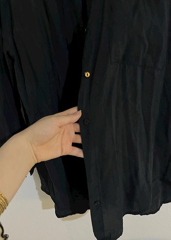 Düğmeli Siyah Keten Kadın Gömlek - Görsel 3