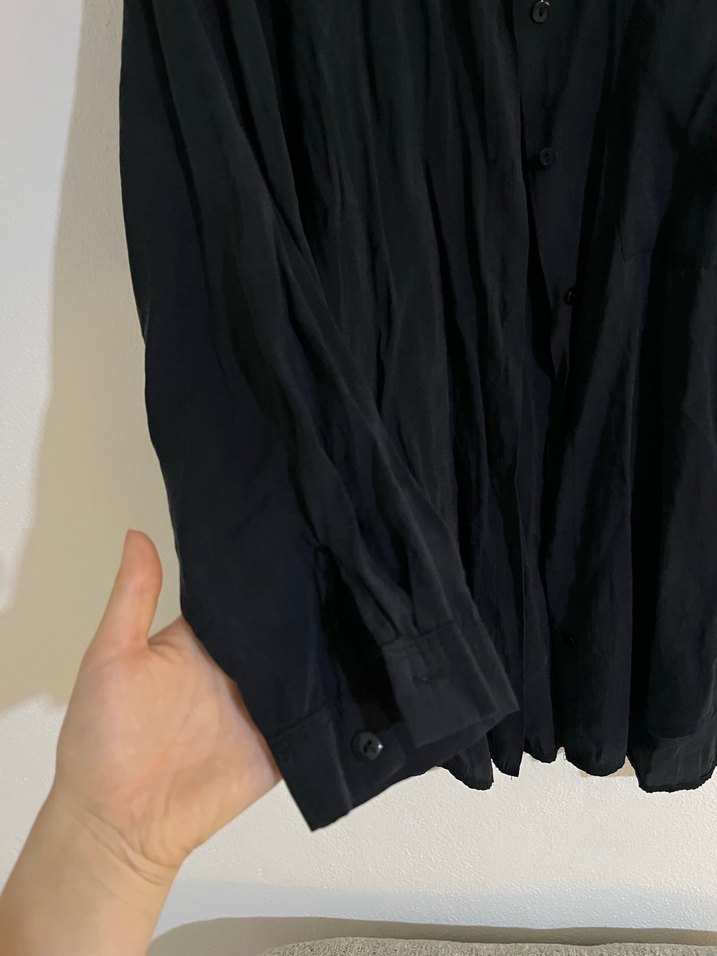 Düğmeli Siyah Keten Kadın Gömlek - Görsel 2