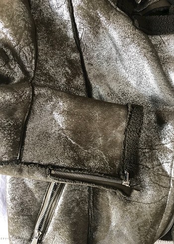 Kürk Detaylı Haki Parlak Biker Ceket - Görsel 5