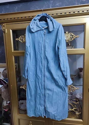 Uzun Boy Mavi Denim Fermuarlı Kadın Yağmurluk - Görsel 6