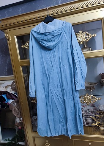 Uzun Boy Mavi Denim Fermuarlı Kadın Yağmurluk - Görsel 2