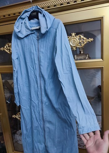 Uzun Boy Mavi Denim Fermuarlı Kadın Yağmurluk - Görsel 7