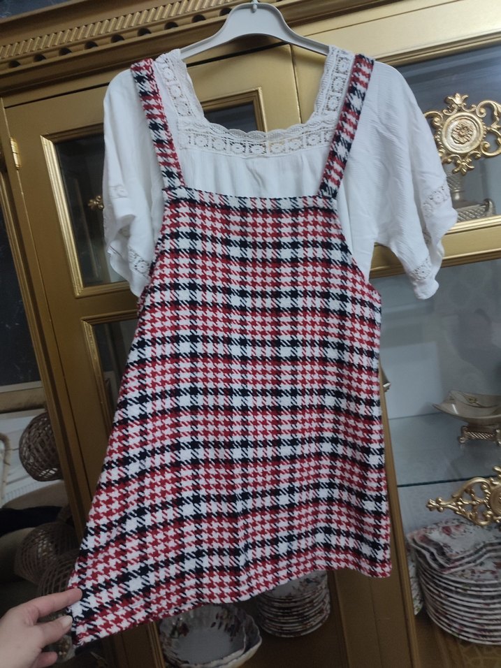 Ekose Desenli Triko Askılı kadın Salopet - Görsel 4