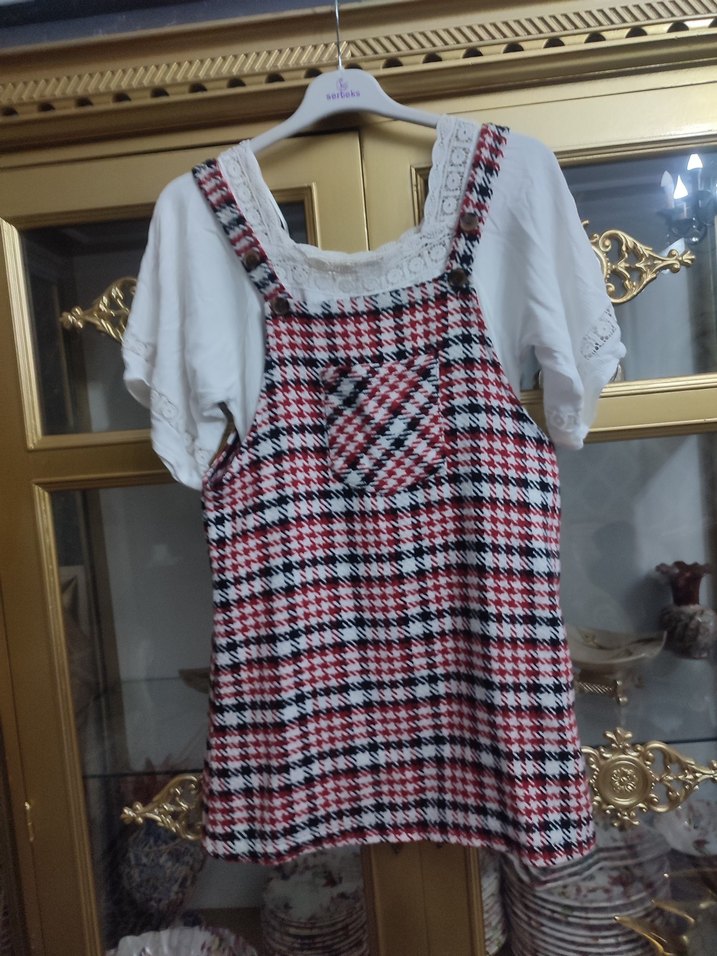 Ekose Desenli Triko Askılı kadın Salopet - Görsel 2