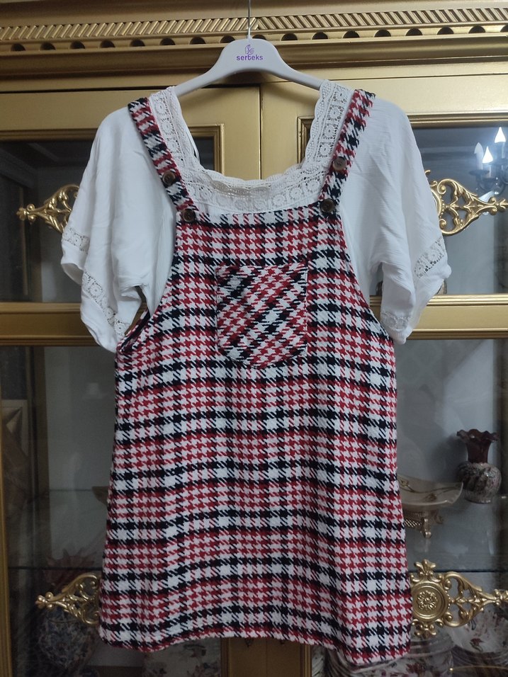 Ekose Desenli Triko Askılı kadın Salopet - Görsel 5